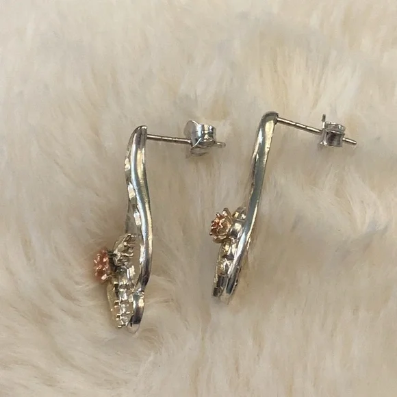 Silver and Gold Rose Leaf Earrings - Picture 4 of 5